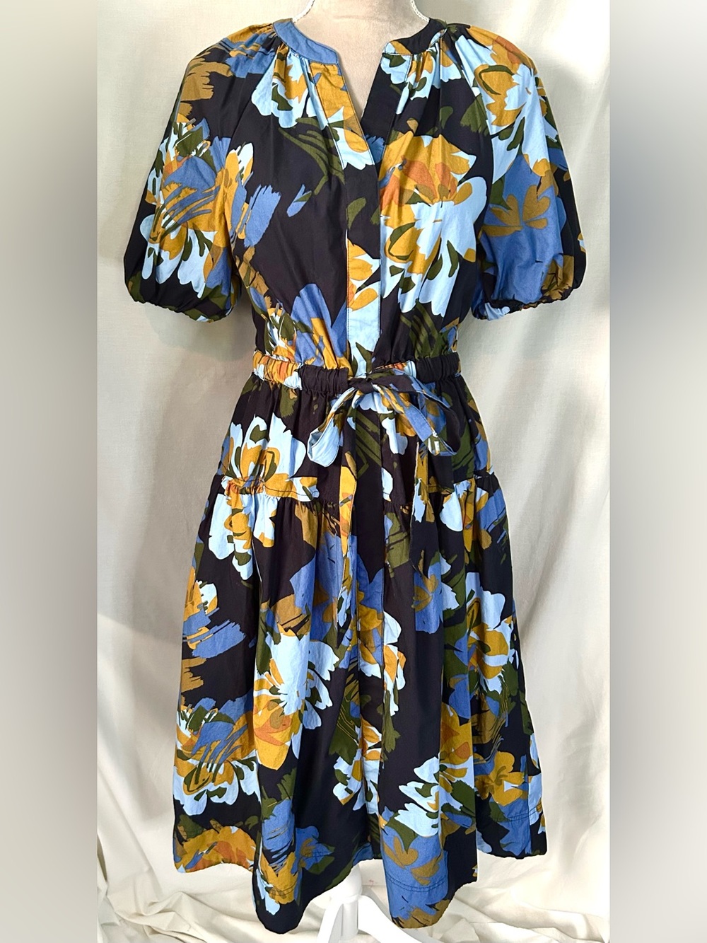 Free Assembly Blue Gold Floral Puff Sleeve Button Down Cotton Midi Dress, Size S